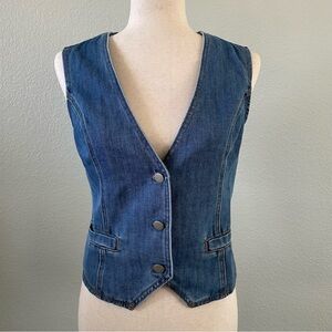 La Lavon Blue VNeck Button Down Denim Jean Pointed Hem Vest | Medium